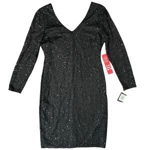 Marina Black Sequin Sheer Long Sleeve V-Neck Low Back Dress size 14 NEW Tags